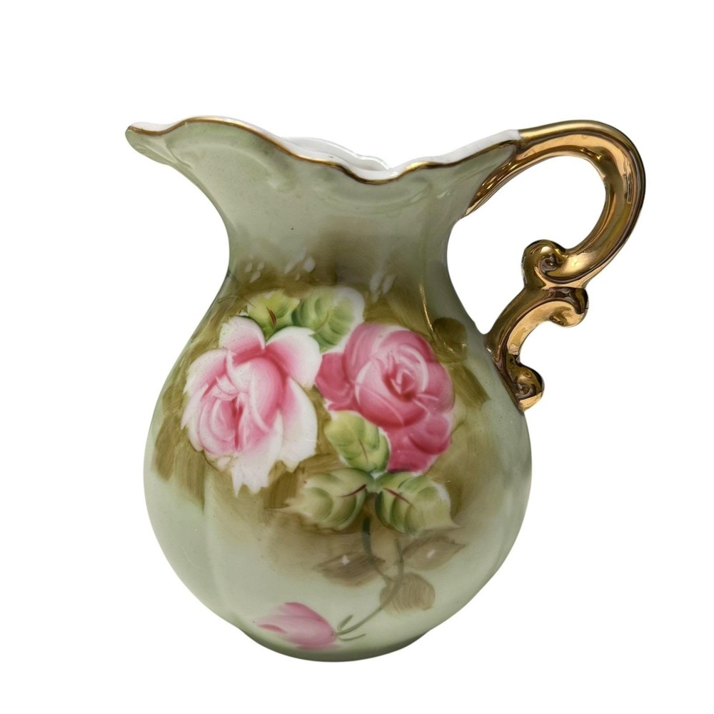 Vintage Lefton China Heritage Green4578 Rose Pitcher HandPainted Gold Trim Japan